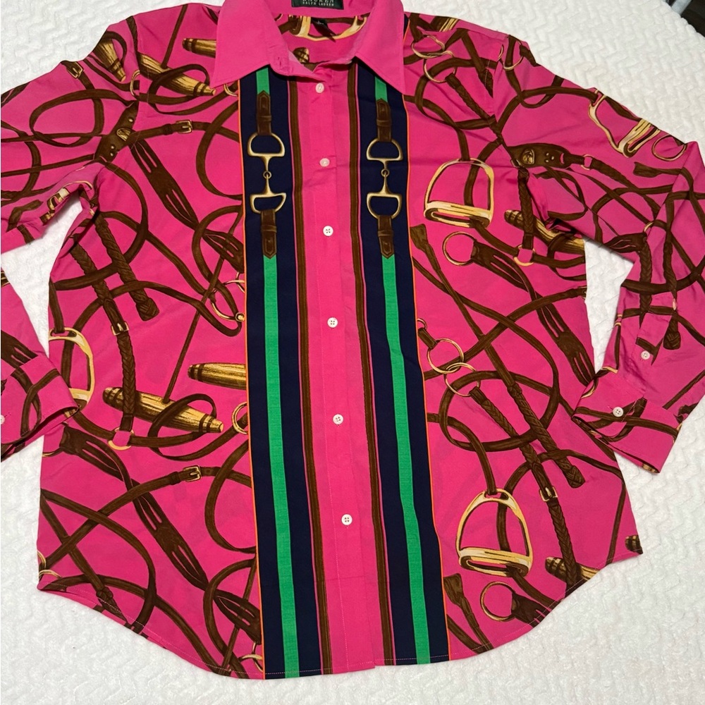 Ralph Lauren Rare Pink equestrian Horse Bit Stirrup Beautiful Luxury Blouse